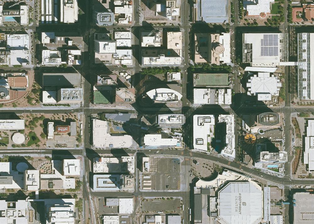 Satellite view of downtown Phoenix - trucks 7 and 11 parked at the job site all day