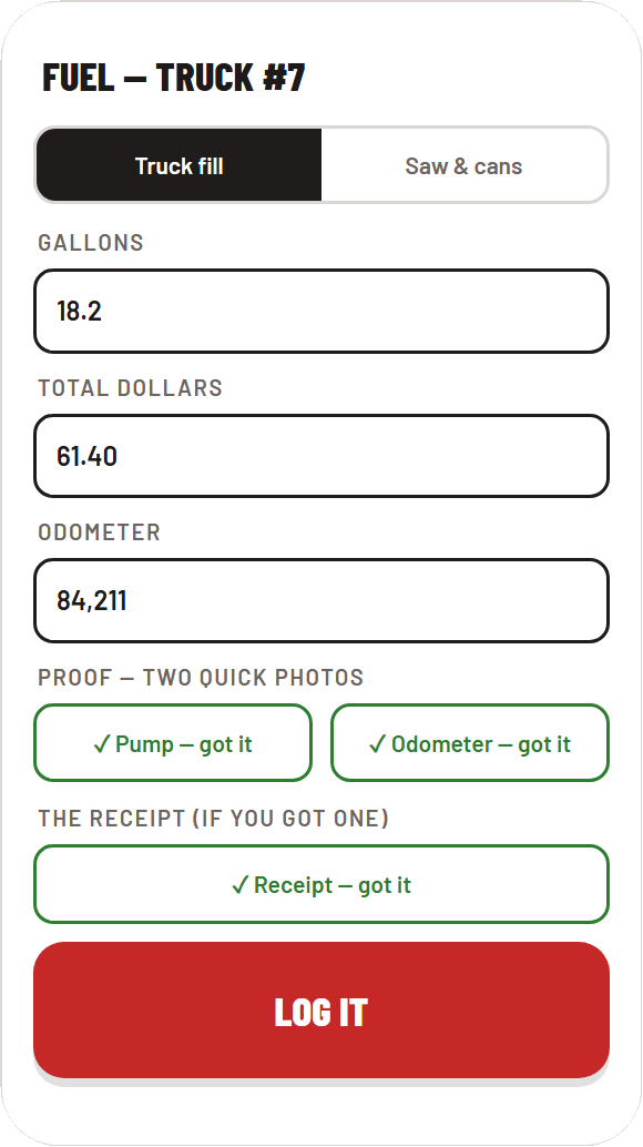 The fuel log on the phone: gallons, dollars, odometer and two photos