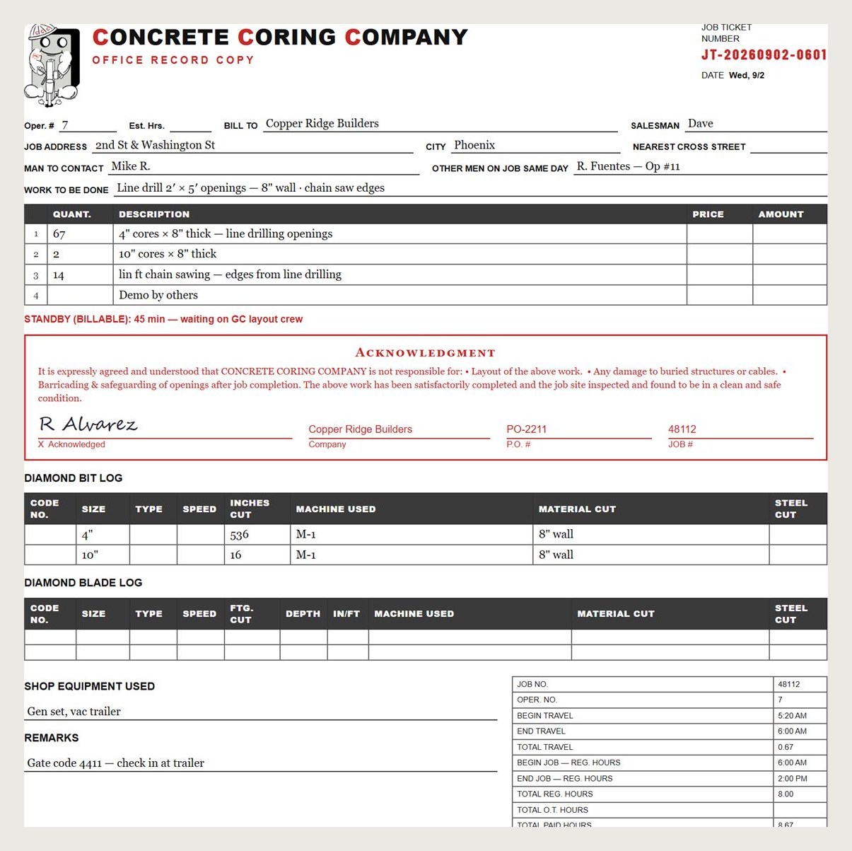 A signed concrete cutting job ticket printed from Saw Time