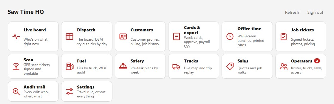 The Saw Time office hub: one tile for each department - live board, dispatch, customers, cards and export, office time, job tickets, scanning, fuel, safety, trucks, sales, operators, audit trail and settings
