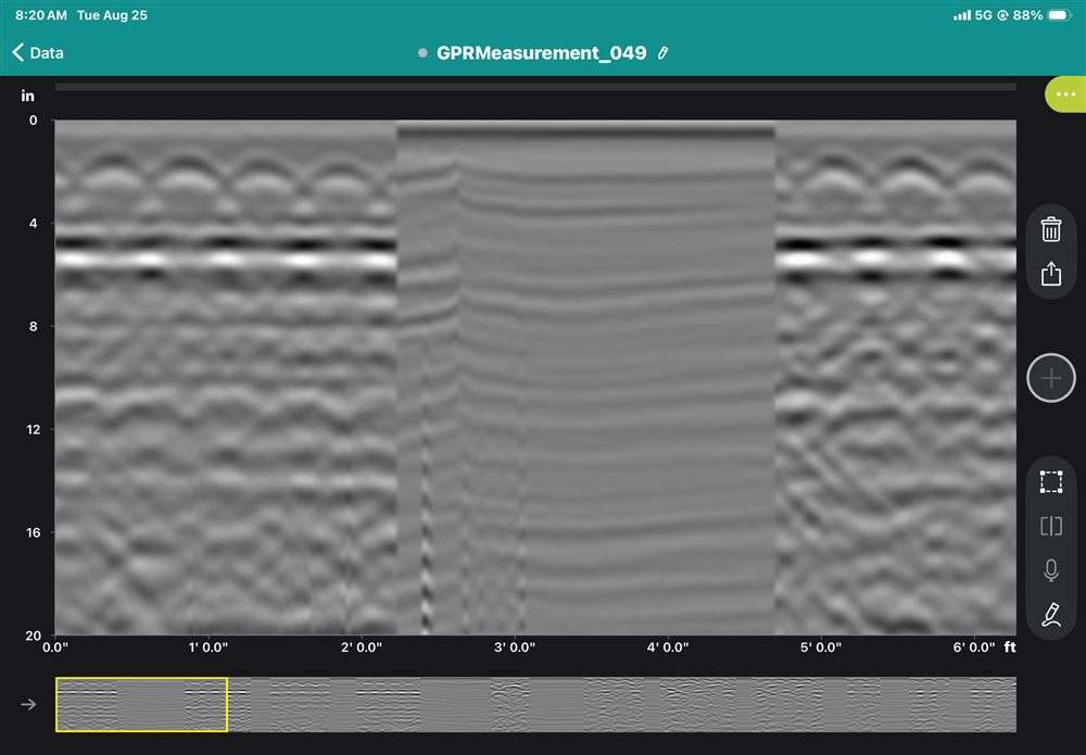 GPR line scan, stations 0 to 6 feet